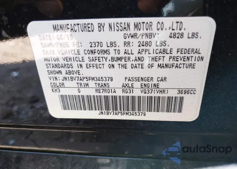2015 Infiniti Q50 Premium from USA, damaged, VIN JN1BV7AP5FM345379